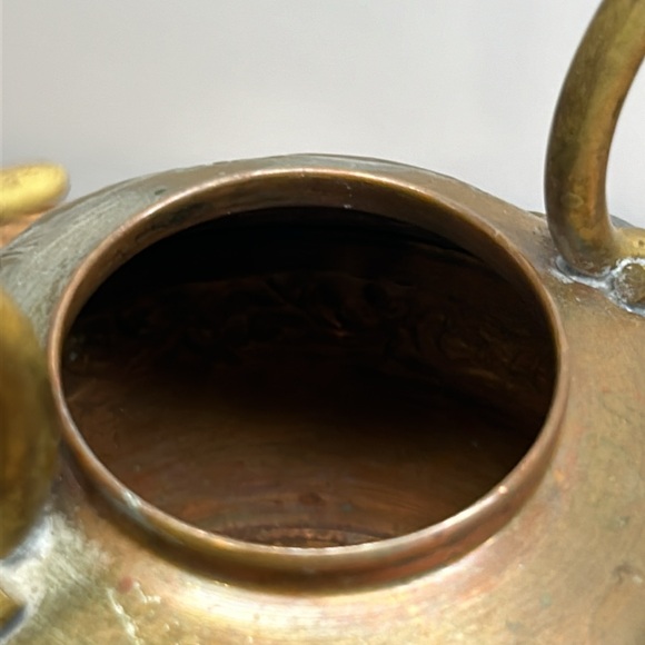 Vintage Brass Teapot Watering Can Etched Raised Design Copper Metal Patina - Picture 7 of 11